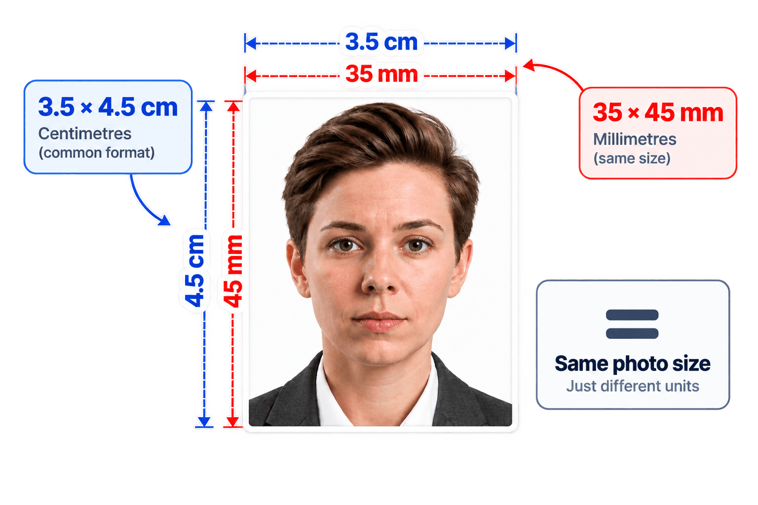3.5×4.5 cm passport photo size guide shown as centimetres and 35×45 mm millimetres