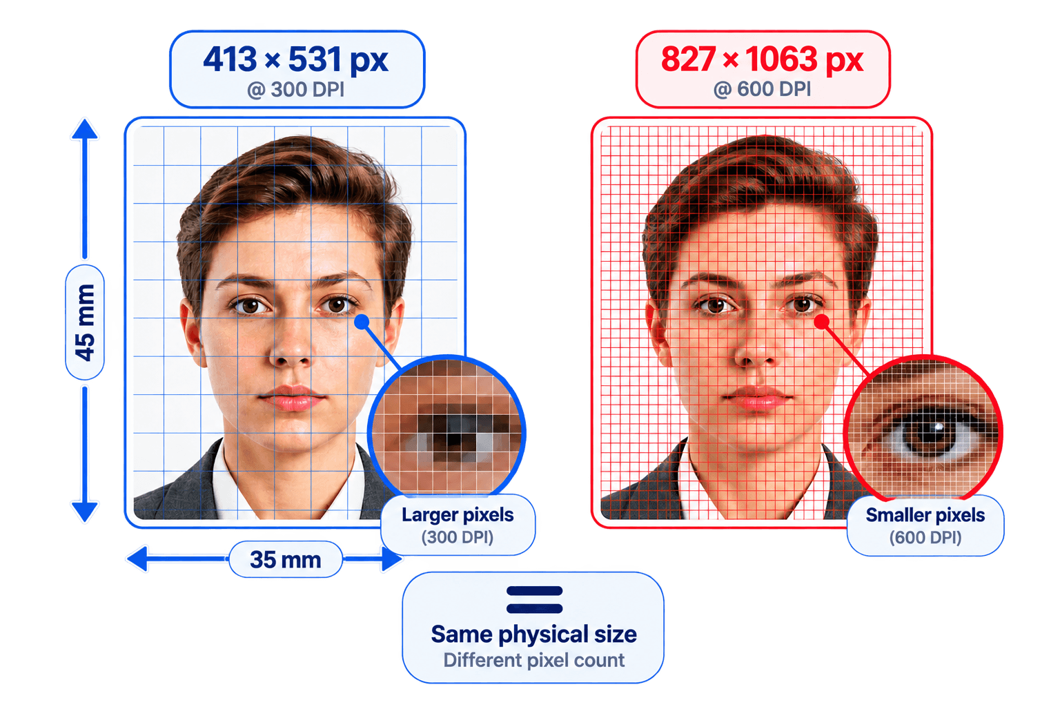 35×45 mm passport photo at 300 DPI versus 600 DPI showing the same physical size with different pixel counts