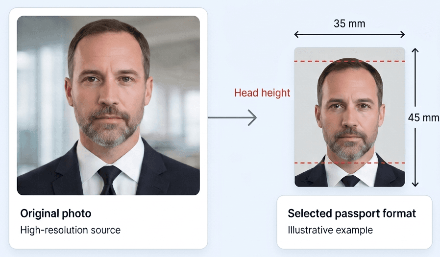 Original high-resolution photo converted to a selected passport format with head-height guides