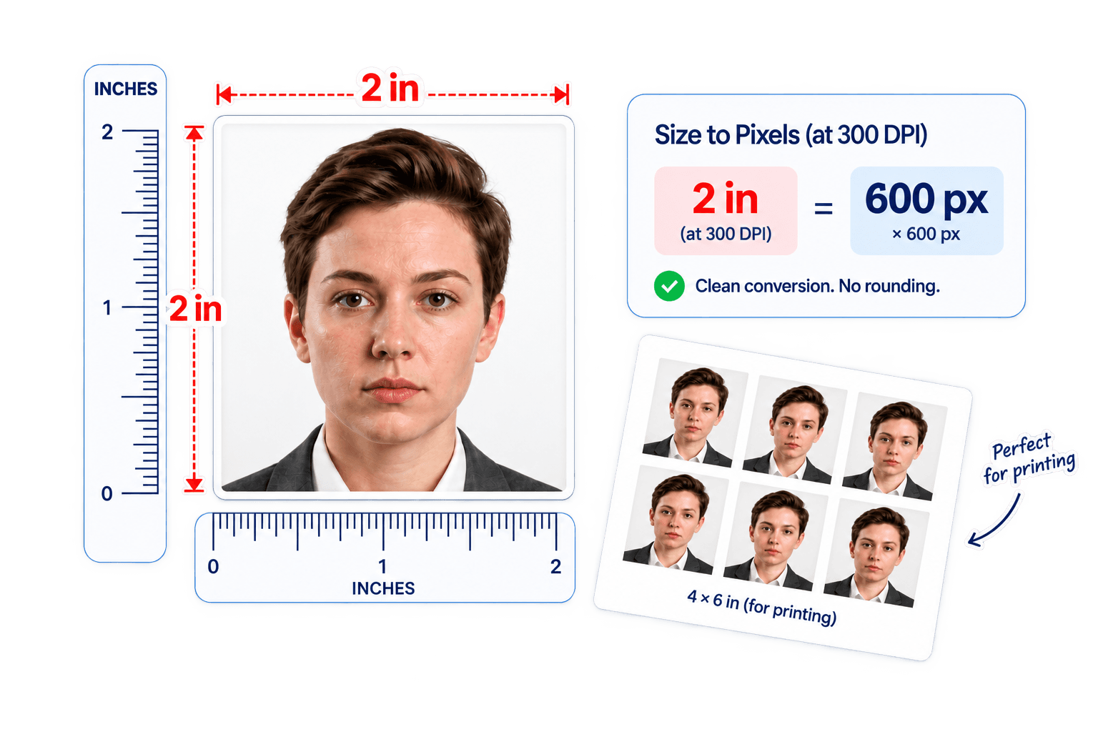 2×2 inch passport photo size guide with rulers, 300 DPI pixel conversion, and 4×6 print sheet preview