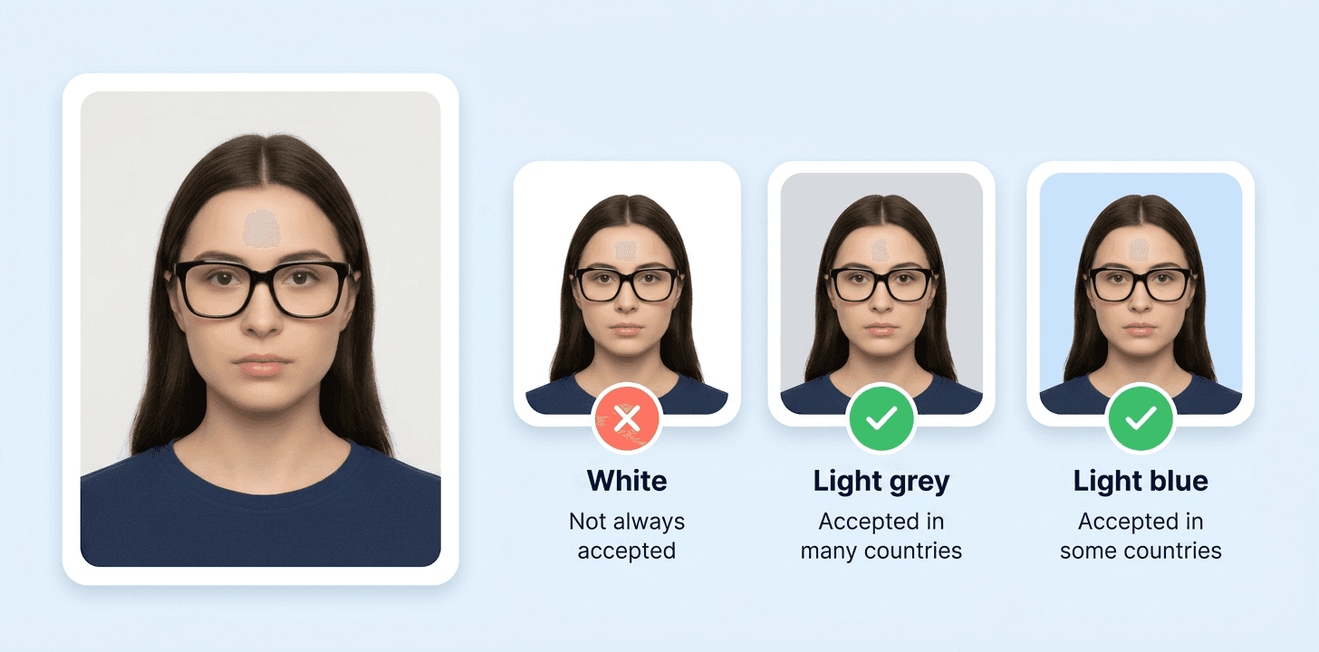 Passport photo background colours: white not always accepted, light grey and light blue accepted in many countries