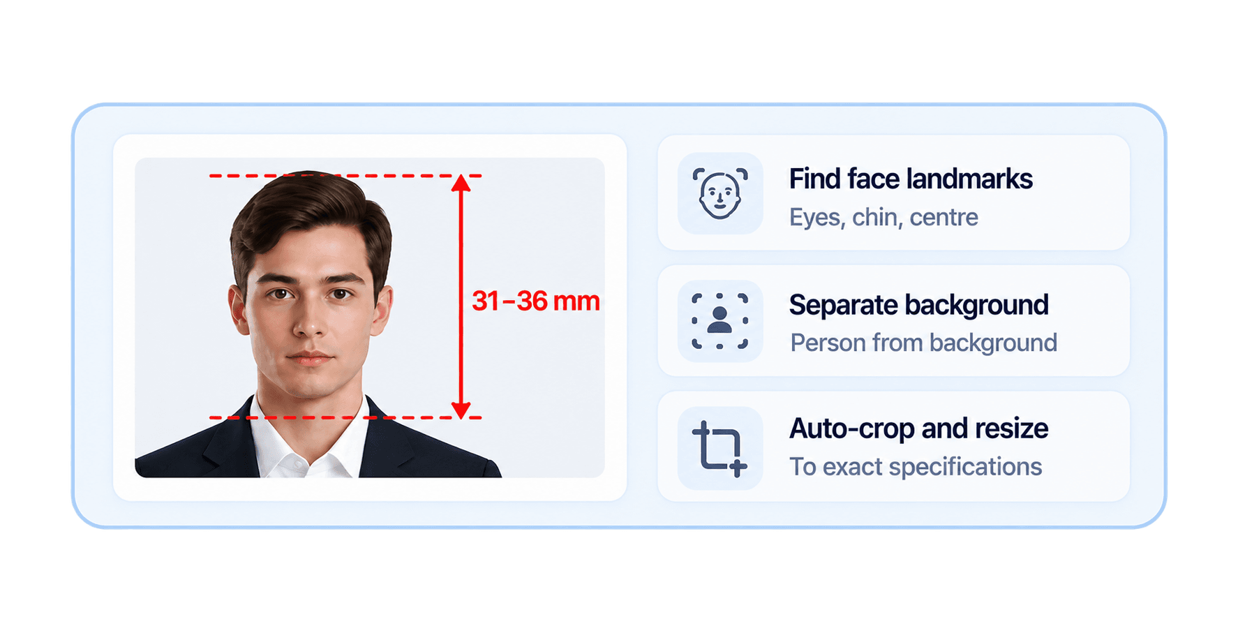 Passport photo with head-height guides and editor steps